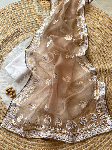 Pure Organza Silk Saree with Elegant Embroidery Work & Raw Silk Plain Blouse | Lucknowi LookSA625-768