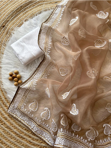 Pure Organza Silk Saree with Elegant Embroidery Work & Raw Silk Plain Blouse | Lucknowi LookSA625-768