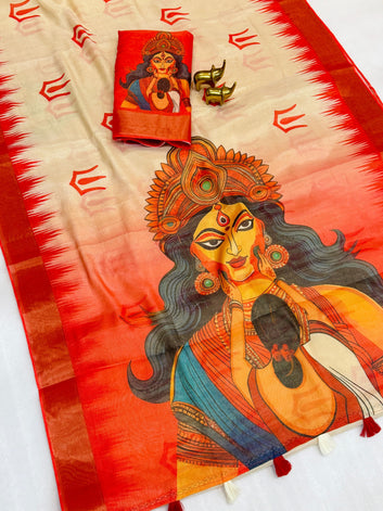 Red Devi – Durga Puja Special Linen Saree  SA825-1152