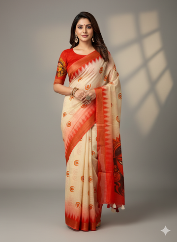 Red Devi – Durga Puja Special Linen Saree  SA825-1153