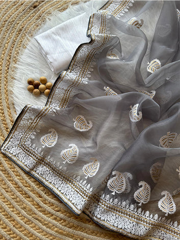 Pure Organza Silk Saree with Elegant Embroidery Work & Raw Silk Plain Blouse | Lucknowi LookSA625-769