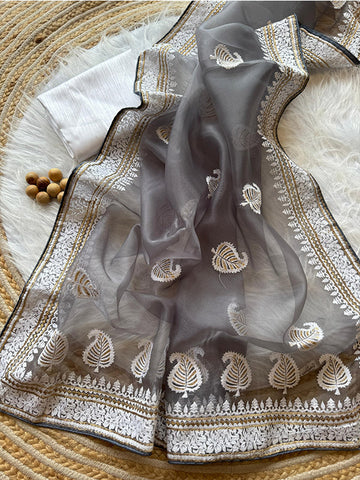 Pure Organza Silk Saree with Elegant Embroidery Work & Raw Silk Plain Blouse | Lucknowi LookSA625-769