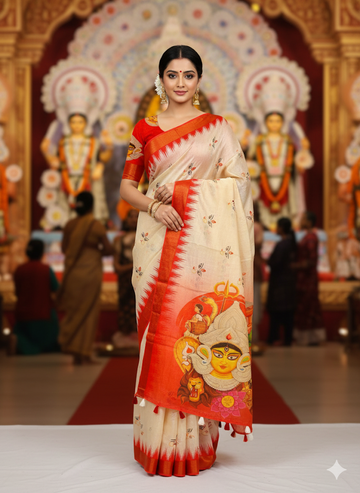 Red Devi – Durga Puja Special Linen Saree  SA825-1154