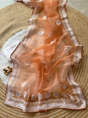 Pure Organza Silk Saree with Elegant Embroidery Work & Raw Silk Plain Blouse | Lucknowi LookSA625-770