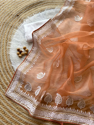 Pure Organza Silk Saree with Elegant Embroidery Work & Raw Silk Plain Blouse | Lucknowi LookSA625-770
