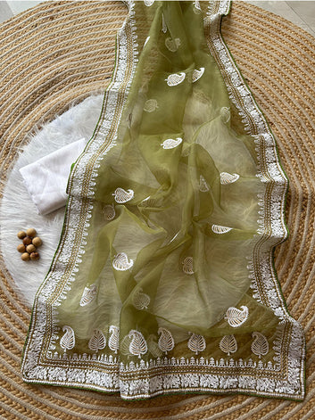Pure Organza Silk Saree with Elegant Embroidery Work & Raw Silk Plain Blouse | Lucknowi LookSA625-771