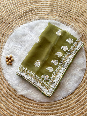 Pure Organza Silk Saree with Elegant Embroidery Work & Raw Silk Plain Blouse | Lucknowi LookSA625-771