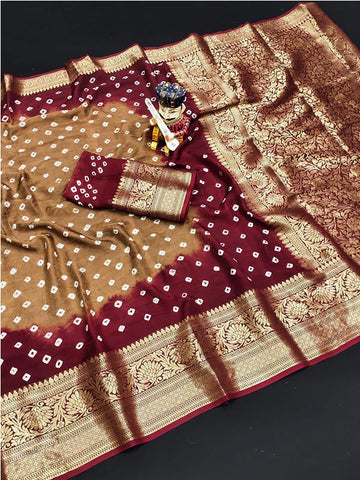 Beige Bandhani Saree with Zari Border SA125-019