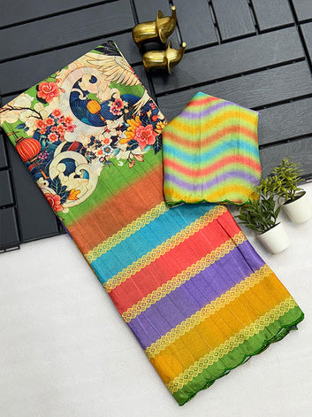 Artful Kalamkari Tussar Silk Saree with Arco Border SA525-601