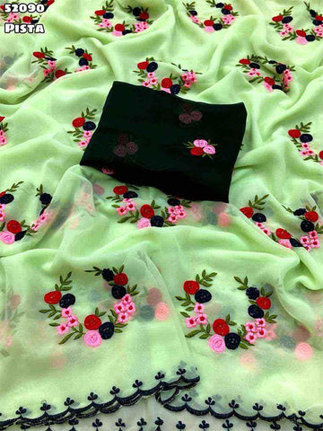 Georgette Embroidery Saree with Contrast Blouse  ! SA525-523
