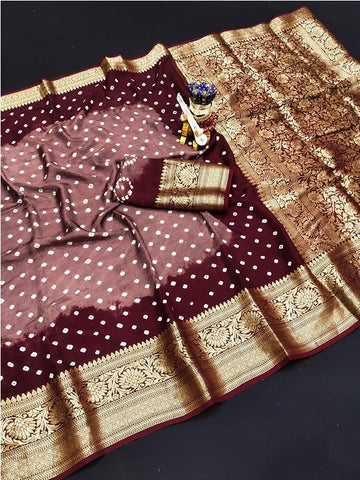 Brown Bandhani Saree with Zari Border SA125-021