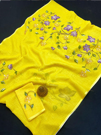 Yellow color Floral Linen Digital Printed Sari SA125-195