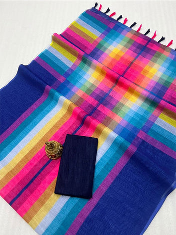 Linen Digital Printed Sari with Banglory Satin Blouse SA125-189