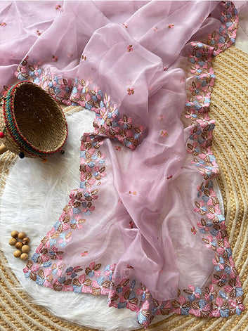 Pure Organza Silk Saree with Beautiful Embroidery & Raw Silk Plain Blouse SA625-763