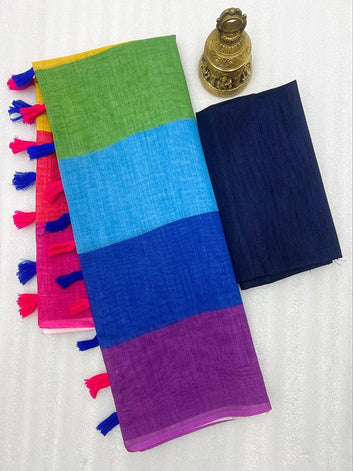 Linen Digital Printed Sari with Banglory Satin Blouse SA125-190