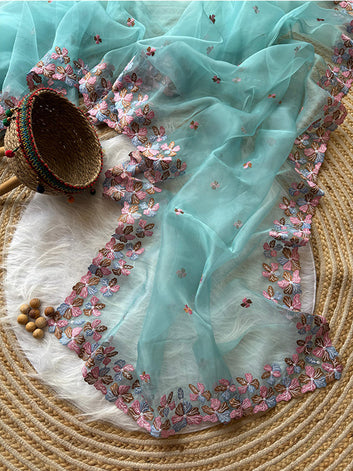 Pure Organza Silk Saree with Beautiful Embroidery & Raw Silk Plain Blouse SA625-765