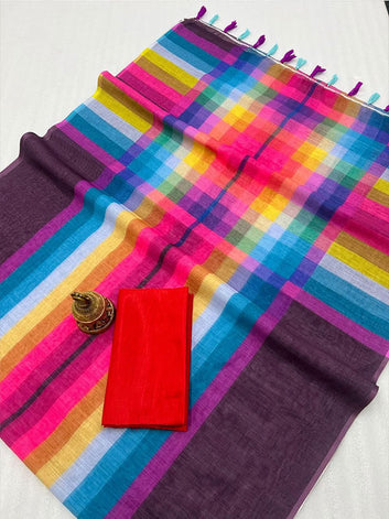 Linen Digital Printed Sari with Banglory Satin Blouse SA125-191