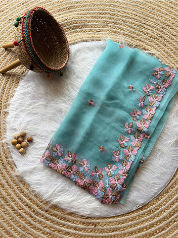 Pure Organza Silk Saree with Beautiful Embroidery & Raw Silk Plain Blouse SA625-765