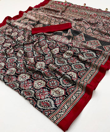 Ajrakh Style Satin Crepe Printed Saree SA1125-1348