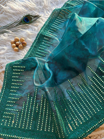 Pure Organza Saree with Embroidery & Gotapatti Work | Structured Print & Cutwork Pallu SA625-773