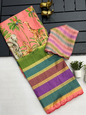 Artful Kalamkari Tussar Silk Saree with Arco Border SA525-602