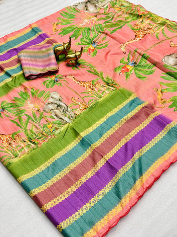 Artful Kalamkari Tussar Silk Saree with Arco Border SA525-602