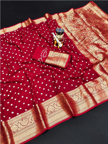 Red Bandhani Saree with Zari Border SA125-031