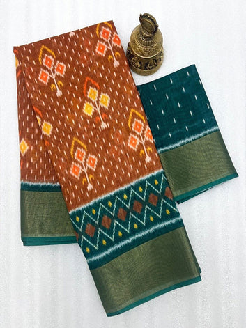 Ikkat Style Linen Printed Saree with Gold Zari Border SA125-199