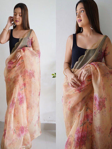 Pure Organza Silk Saree with Floral Print & Viscose Thread Sequins Work Border SA625-751