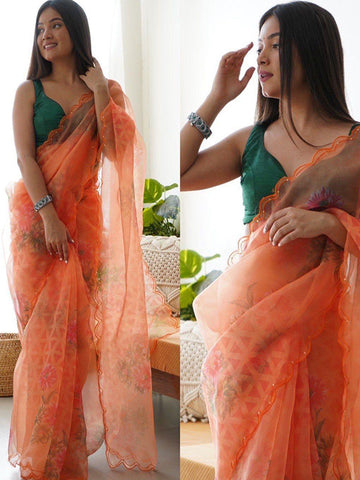 Pure Organza Silk Saree with Floral Print & Viscose Thread Sequins Work Border SA625-752