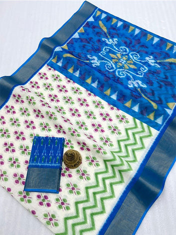 Ikkat Style Linen Printed Saree with Gold Zari Border SA125-198