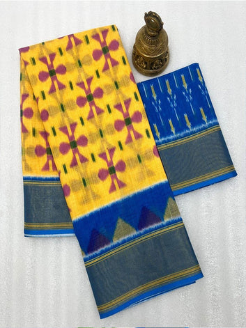 Ikkat Style Linen Printed Saree with Gold Zari Border SA125-201