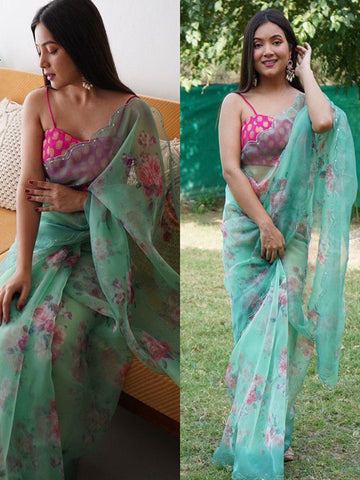 Pure Organza Silk Saree with Floral Print & Viscose Thread Sequins Work Border SA625-753