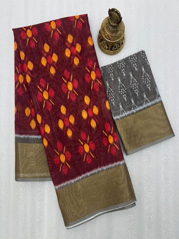 Ikkat Style Linen Printed Saree with Gold Zari Border SA125-202