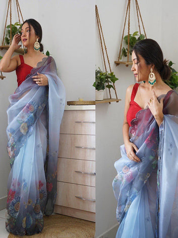 Pure Organza Silk Saree with Floral Print & Viscose Thread Sequins Work Border SA625-753