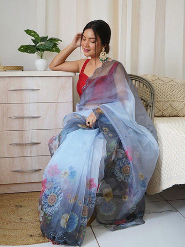 Pure Organza Silk Saree with Floral Print & Viscose Thread Sequins Work Border SA625-753