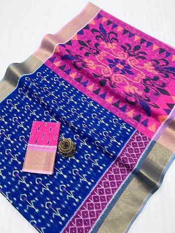 Ikkat Style Linen Printed Saree with Gold Zari Border SA125-203