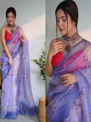 Pure Organza Silk Saree with Floral Print & Viscose Thread Sequins Work Border SA625-755