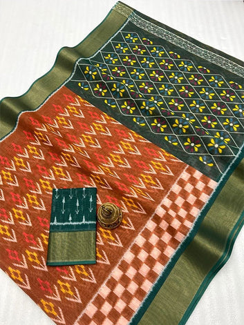 Ikkat Style Linen Printed Saree with Gold Zari Border SA125-204