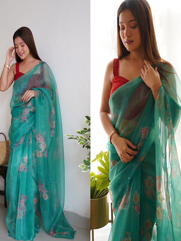 Pure Organza Silk Saree with Floral Print & Viscose Thread Sequins Work Border SA625-756