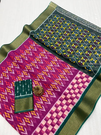 Ikkat Style Linen Printed Saree with Gold Zari Border SA125-205