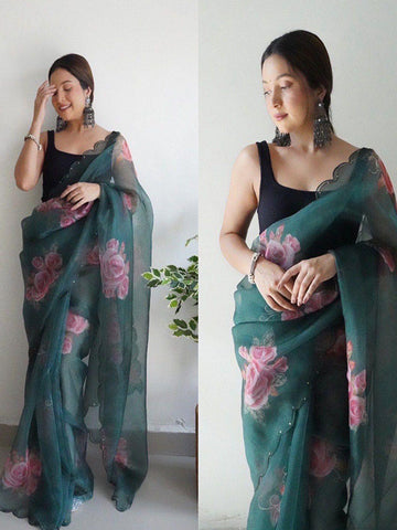 Pure Organza Silk Saree with Floral Print & Viscose Thread Sequins Work Border SA625-757