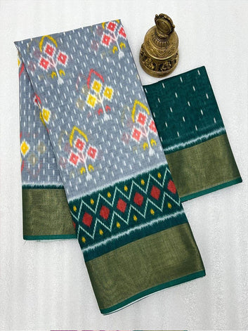 Ikkat Style Linen Printed Saree with Gold Zari Border SA125-206