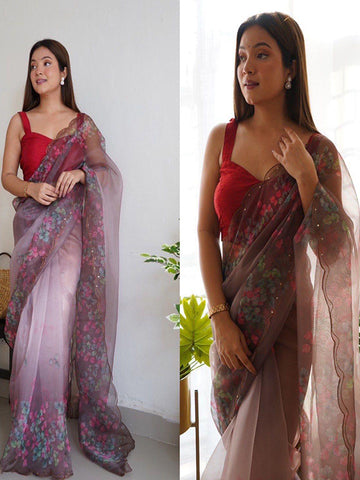 Pure Organza Silk Saree with Floral Print & Viscose Thread Sequins Work Border SA625-758