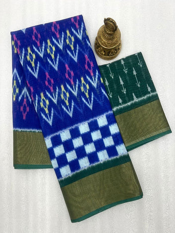 Ikkat Style Linen Printed Saree with Gold Zari Border SA125-207