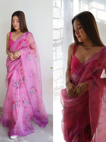 Pure Organza Silk Saree with Floral Print & Viscose Thread Sequins Work Border SA625-759