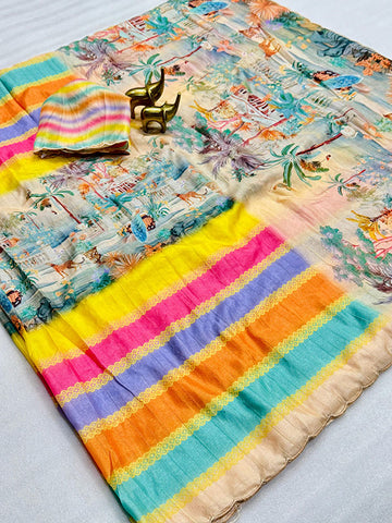 Artful Kalamkari Tussar Silk Saree with Arco Border SA525-603