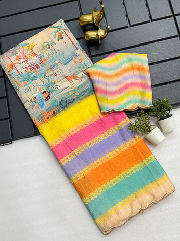 Artful Kalamkari Tussar Silk Saree with Arco Border SA525-603