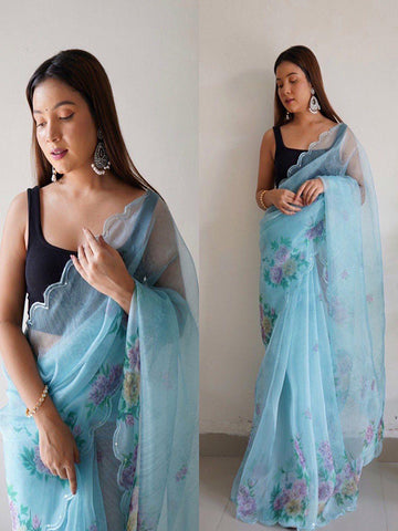 Pure Organza Silk Saree with Floral Print & Viscose Thread Sequins Work Border SA625-760