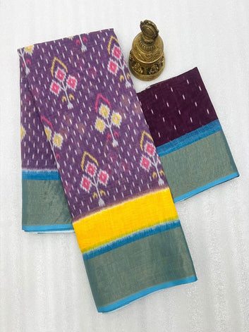 Ikkat Style Linen Printed Saree with Gold Zari Border SA125-208